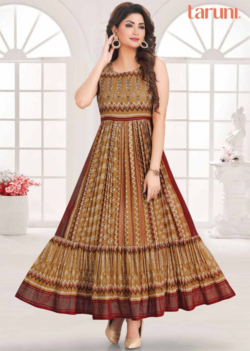 Beige Silk Embroidered Long Dress