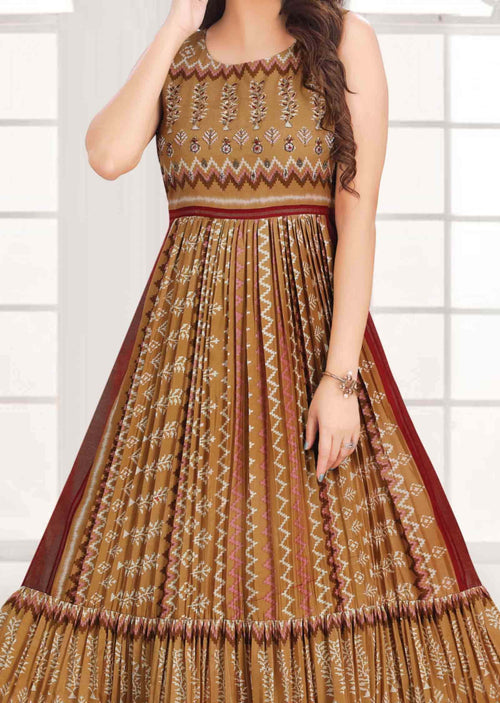 Beige Silk Embroidered Long Dress