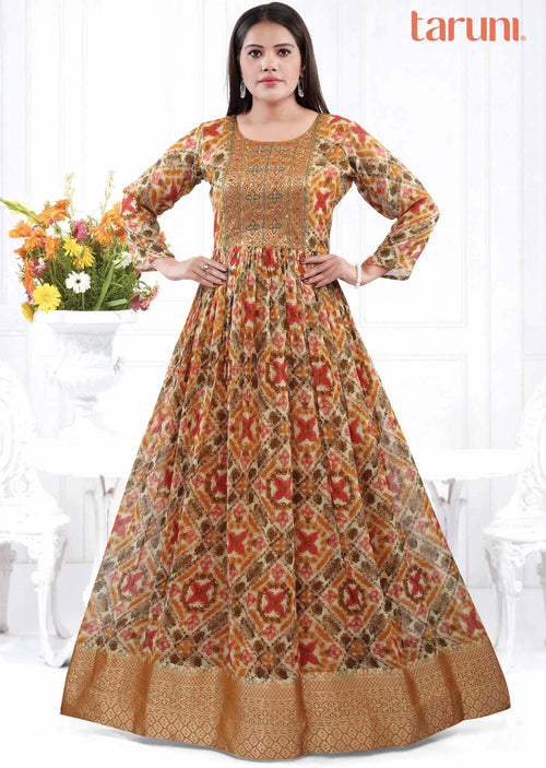 Cream & Mehendi Green georgette Embroidered Long Dress