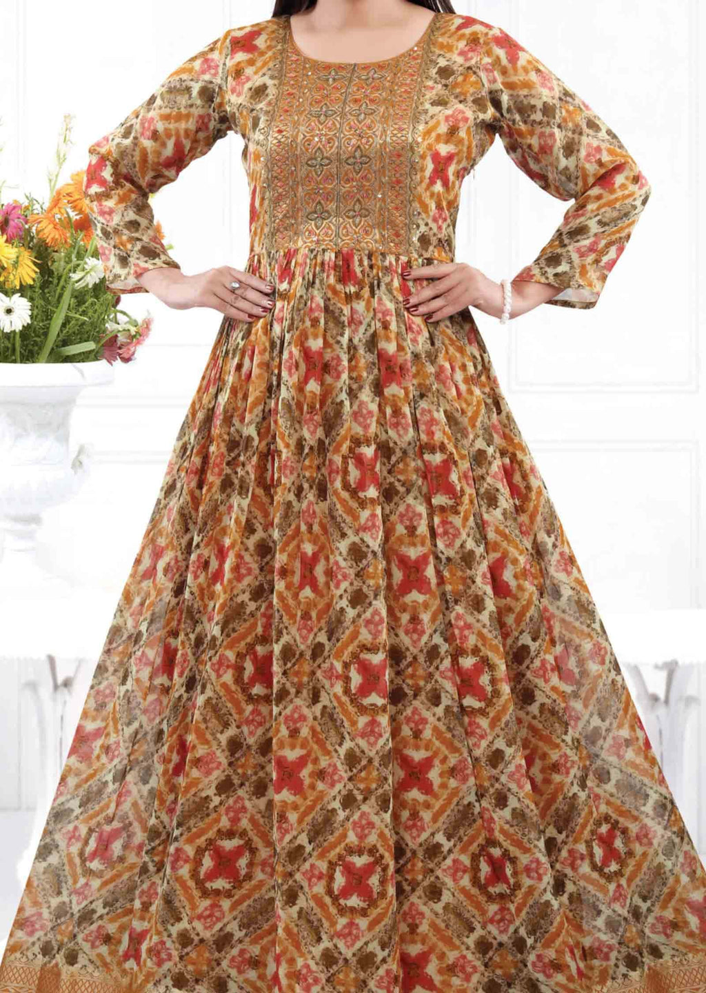 Cream & Mehendi Green georgette Embroidered Long Dress
