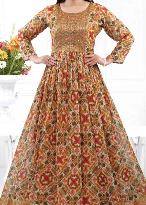 Cream & Mehendi Green georgette Embroidered Long Dress