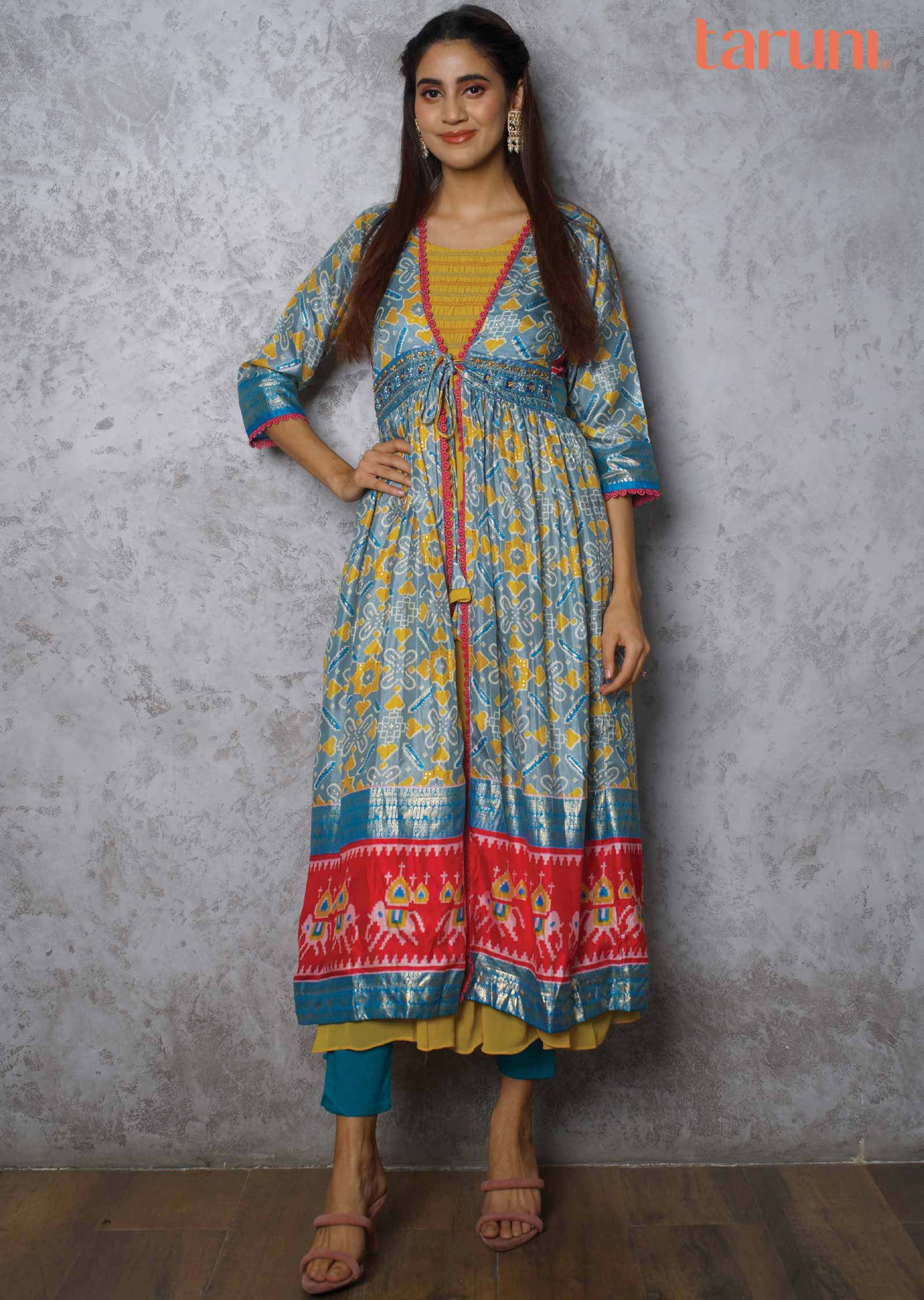 Mustard & Contrast Dusty Green georgette Embroidered Long Dress