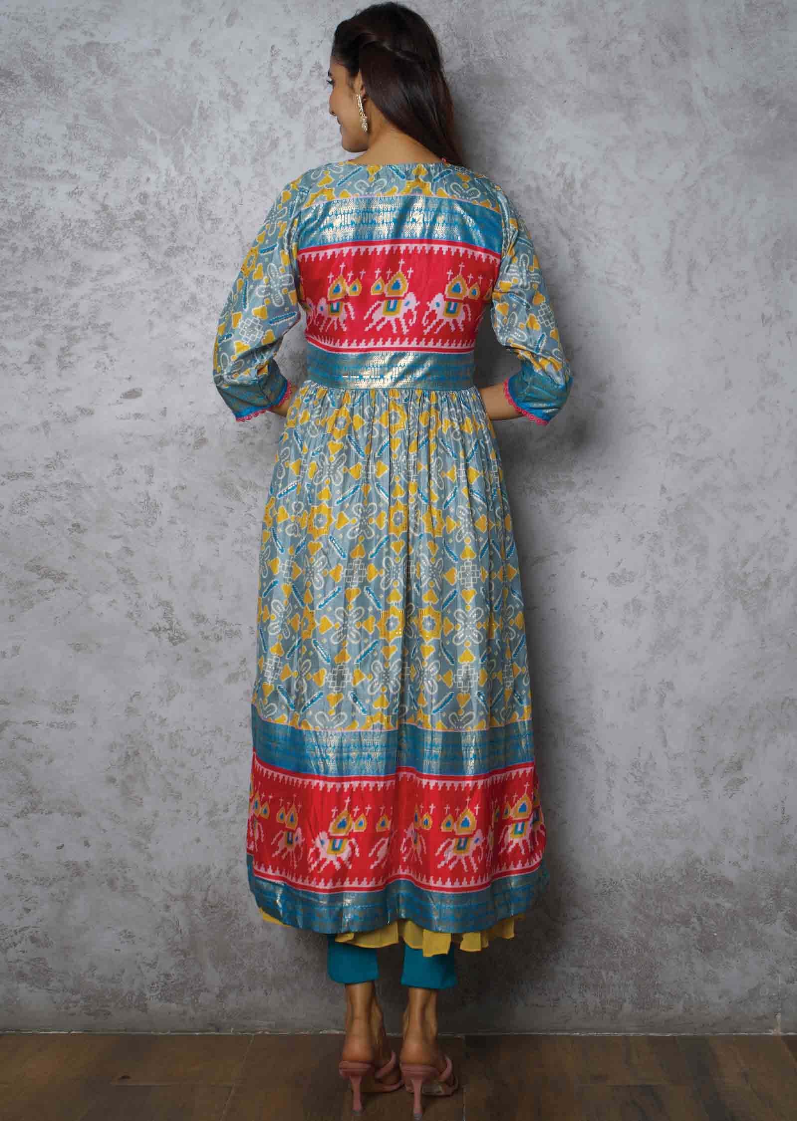 Mustard & Contrast Dusty Green georgette Embroidered Long Dress