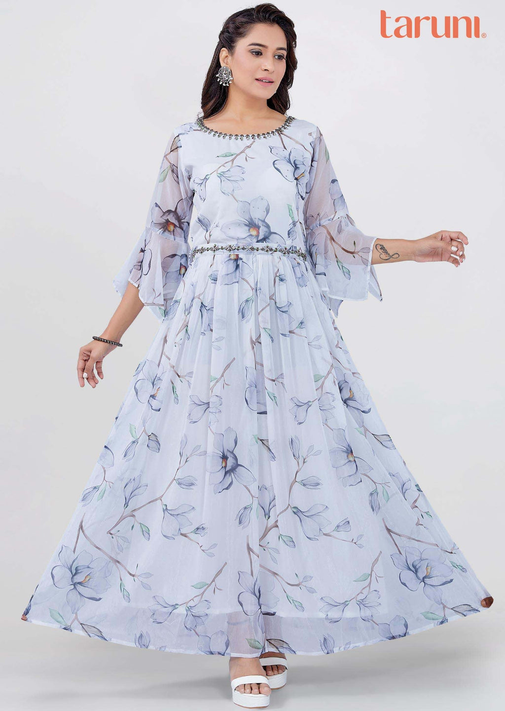 Off White Chiffon Printed Long Dress