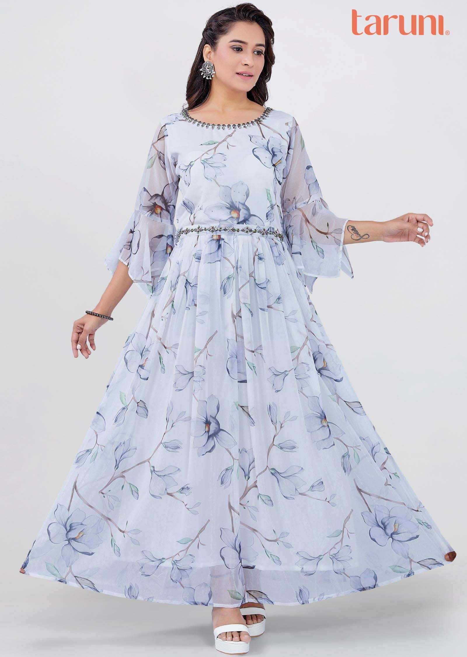 Off White Chiffon Printed Long Dress