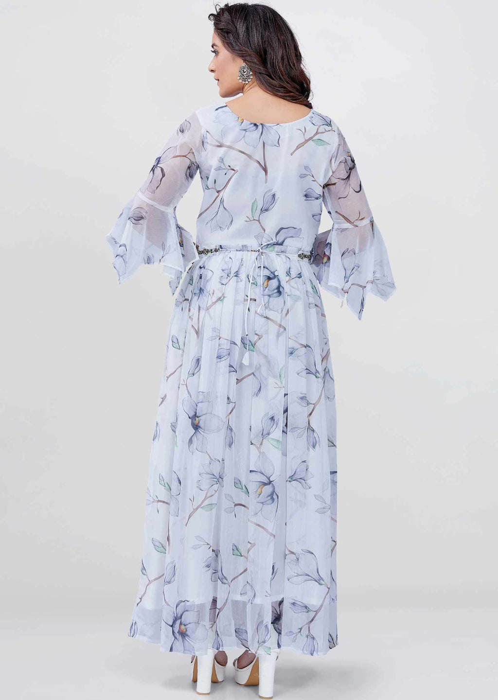 Off White Chiffon Printed Long Dress