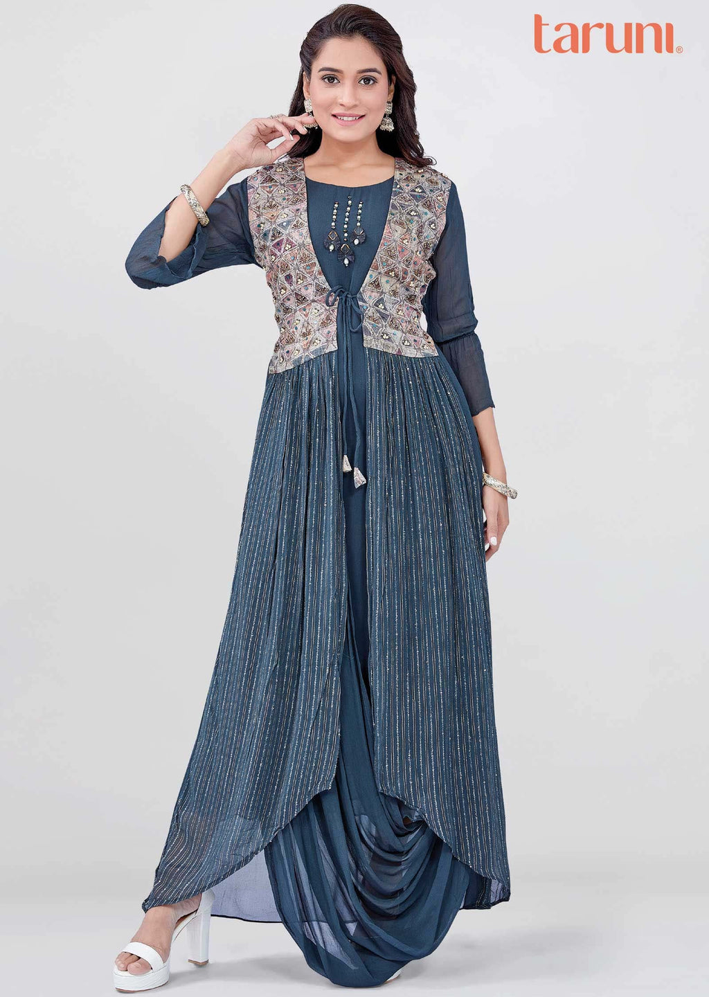 Grey Georgette Embroidered Long Dress