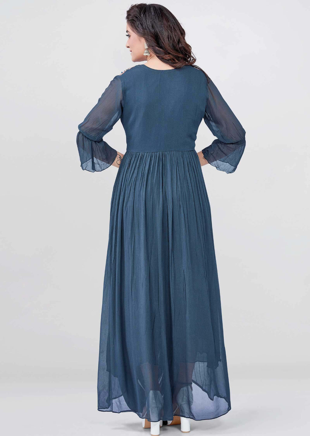 Grey Georgette Embroidered Long Dress