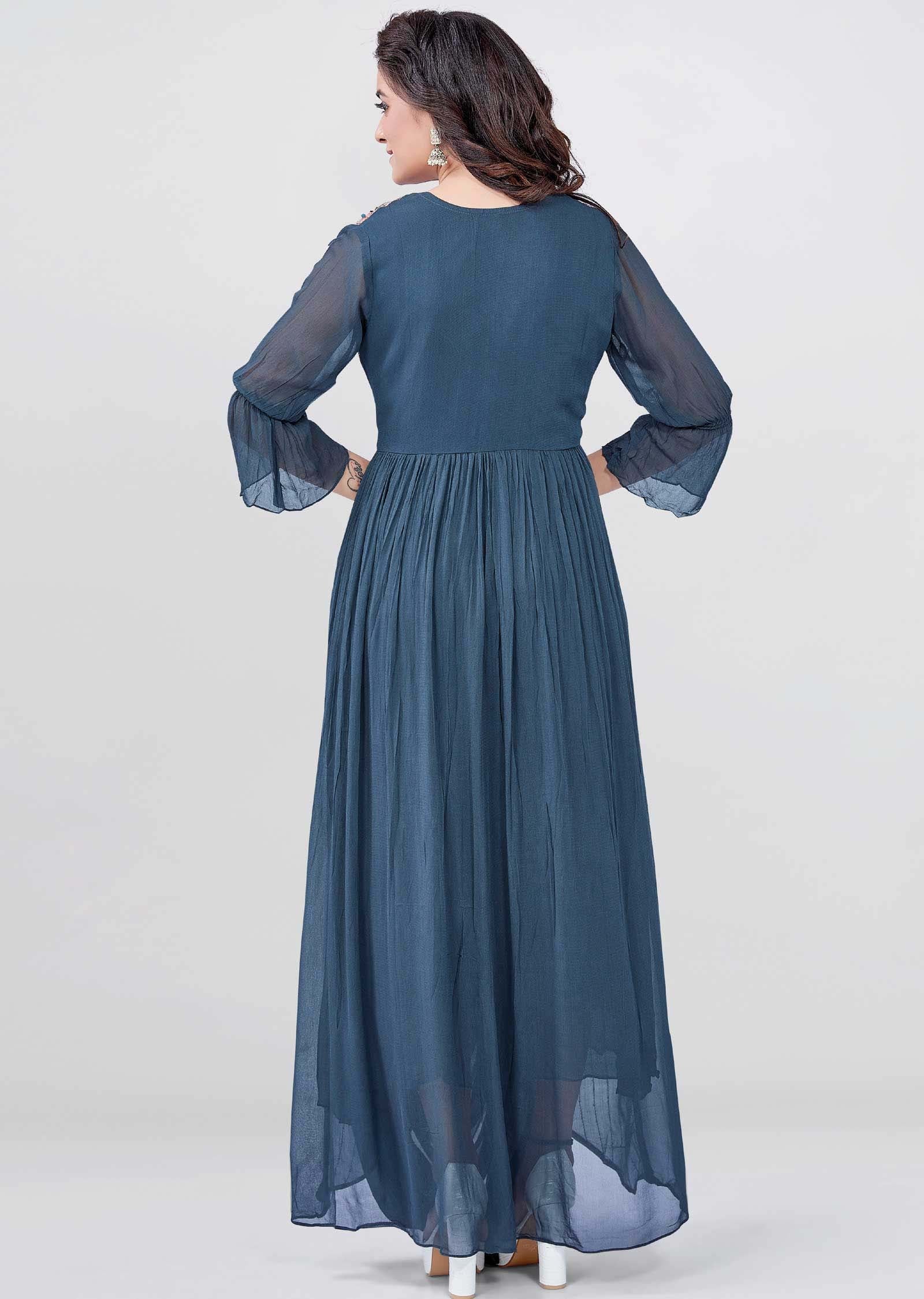 Grey Georgette Embroidered Long Dress