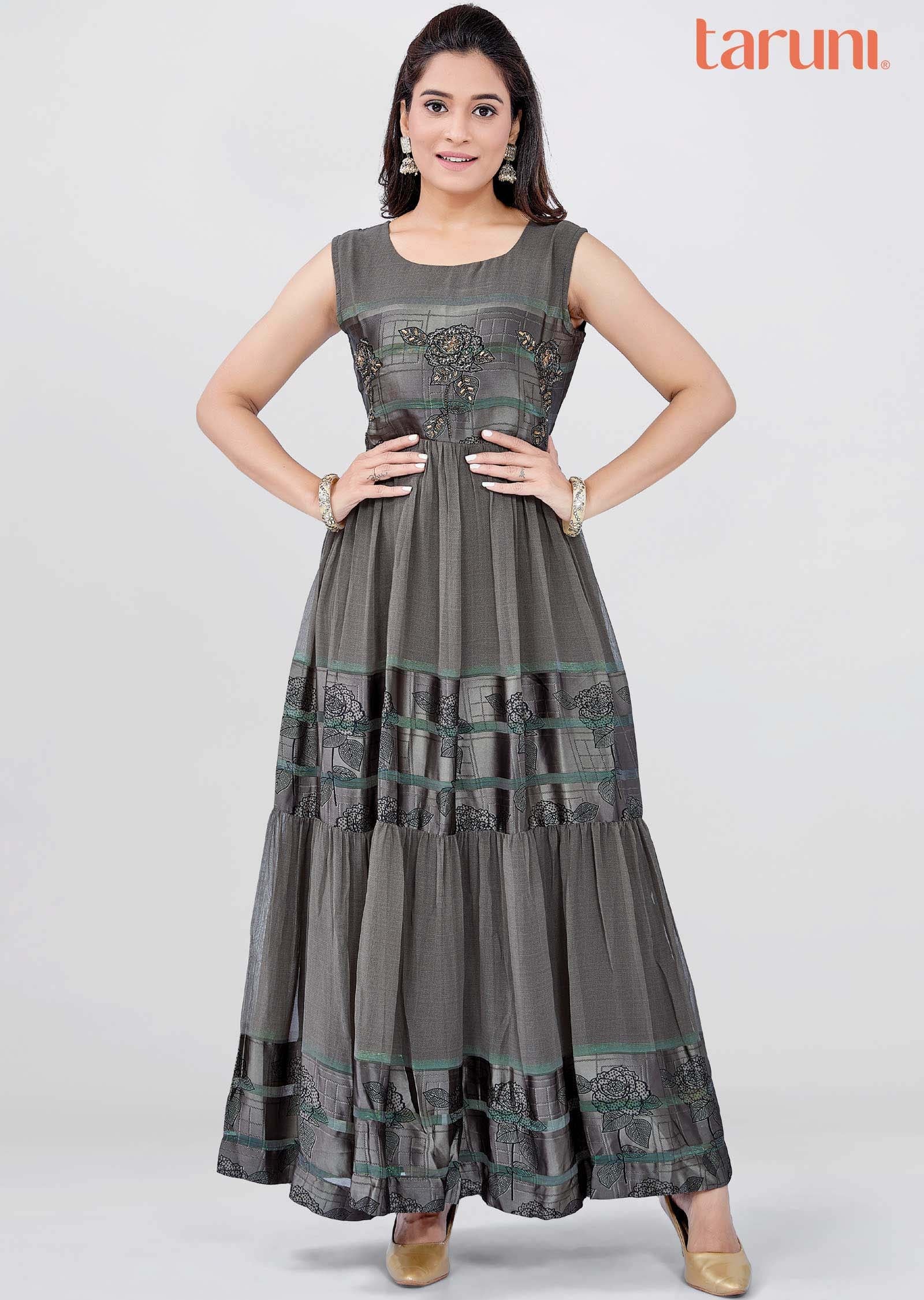 Grey Satin georgette Long Dress