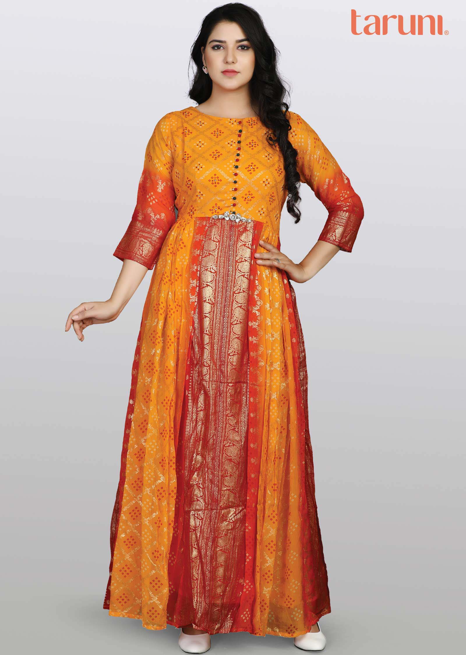 Yellow/Red Chiffon Printed Long Dress