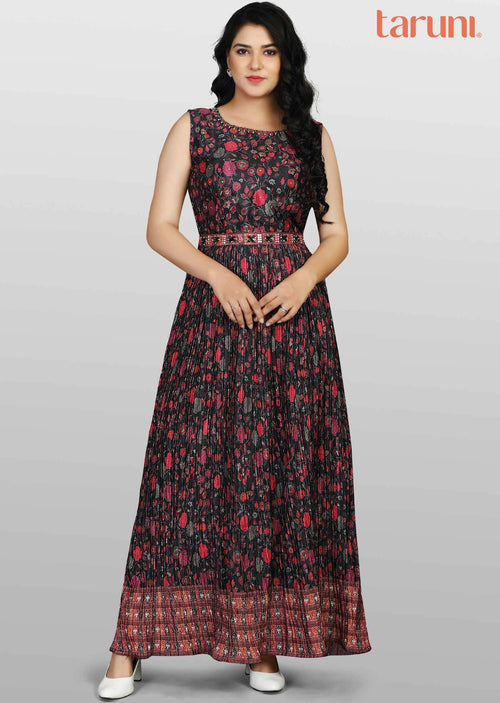 Black Chinnon Printed Long Dress