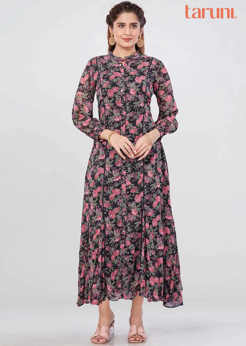 Black Georgette Printed Long Dress