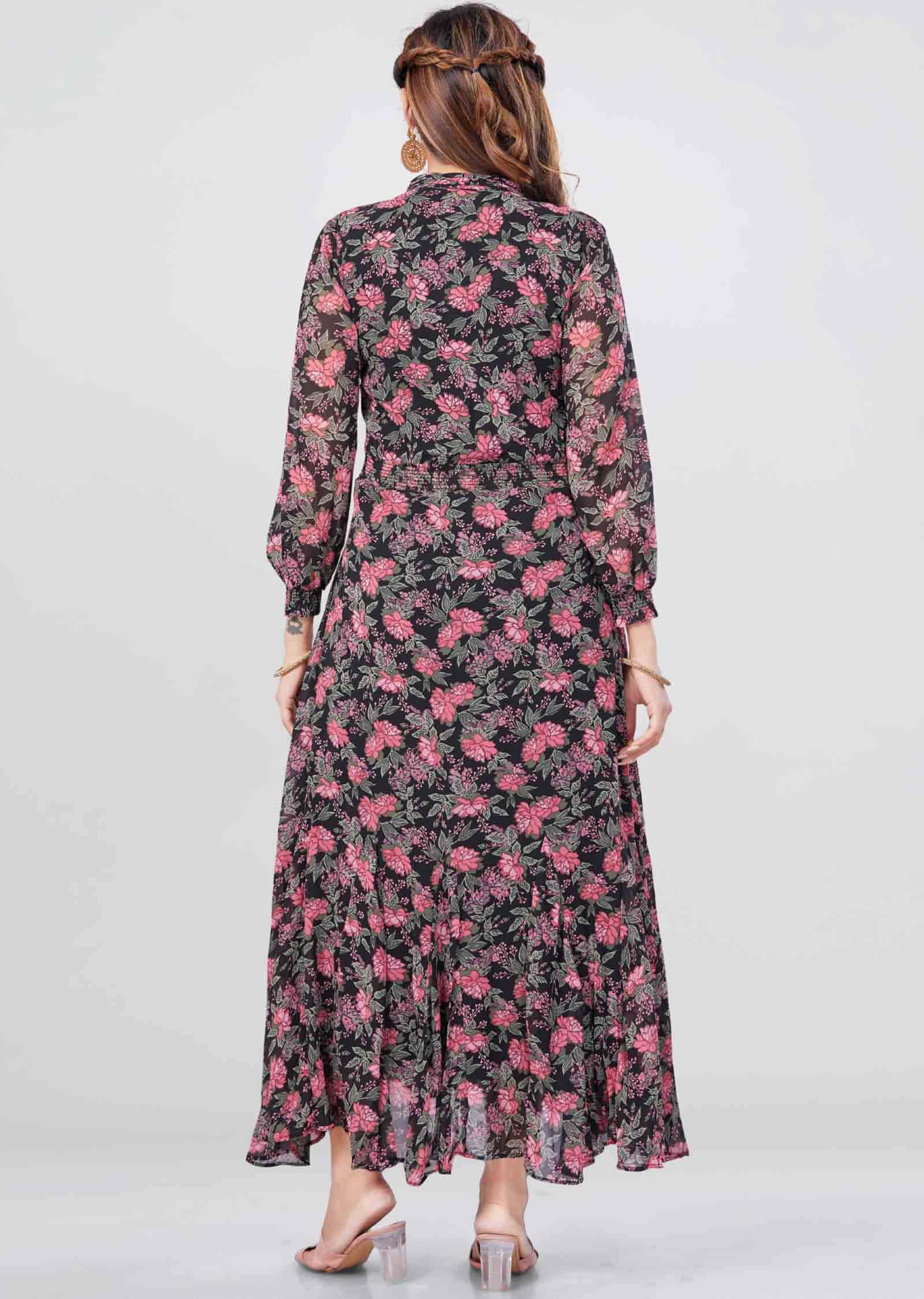Black Georgette Printed Long Dress