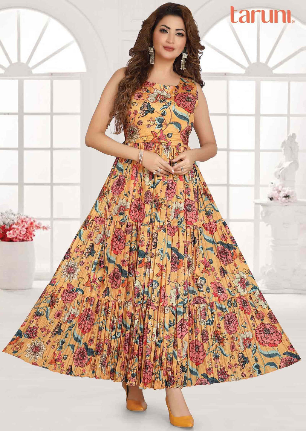 Yellow Chinnon Printed Long Dress