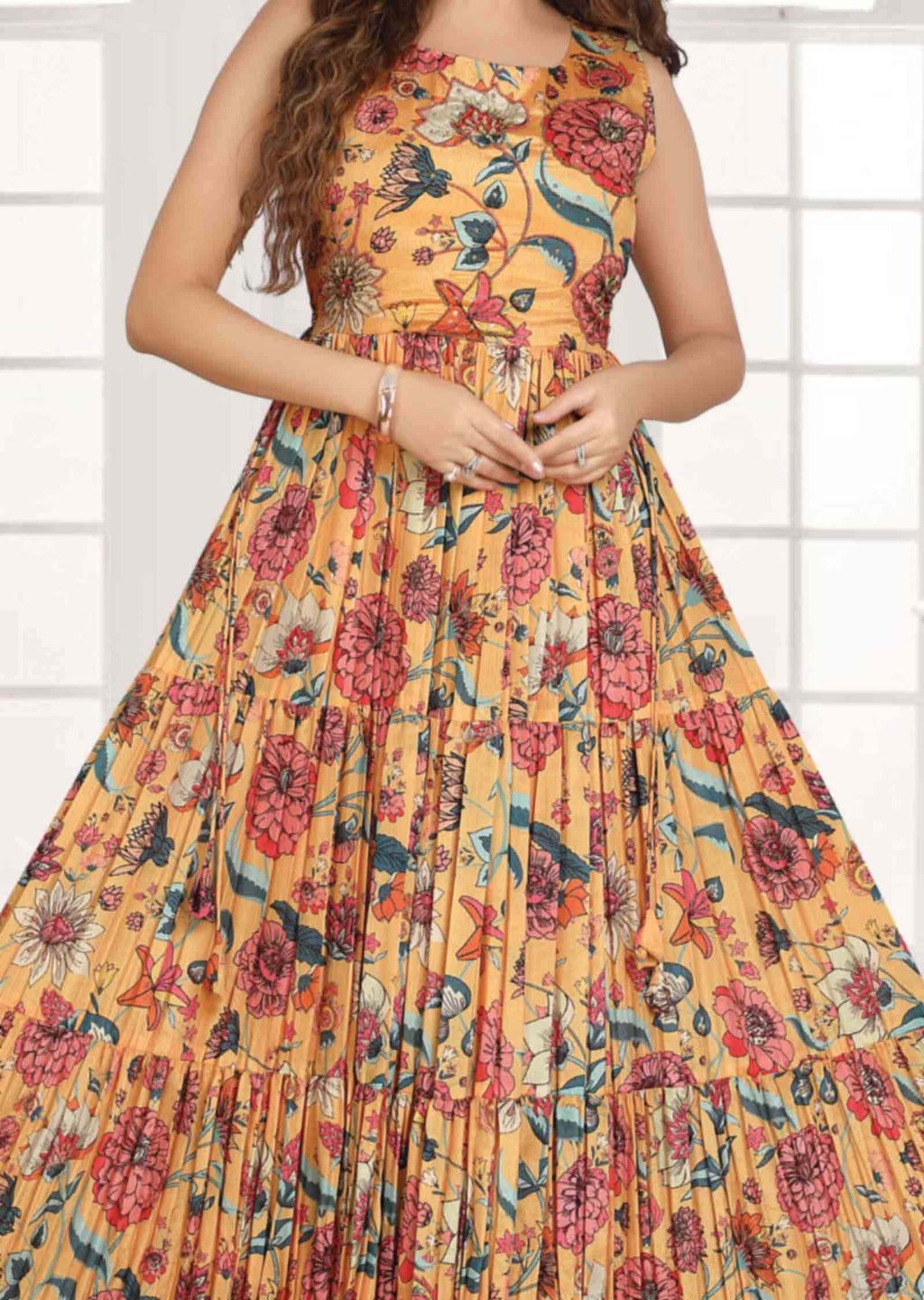 Yellow Chinnon Printed Long Dress