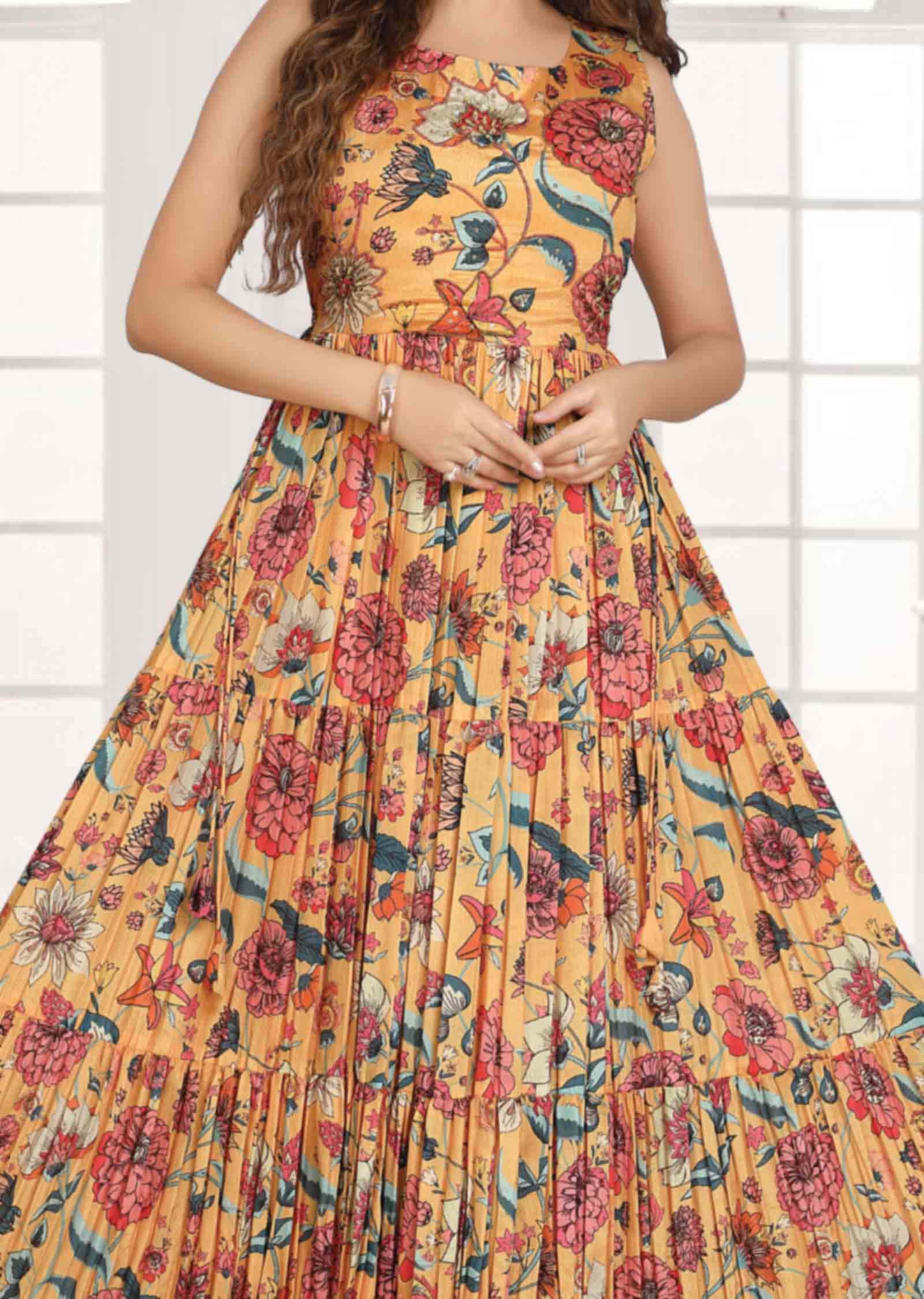 Yellow Chinnon Printed Long Dress