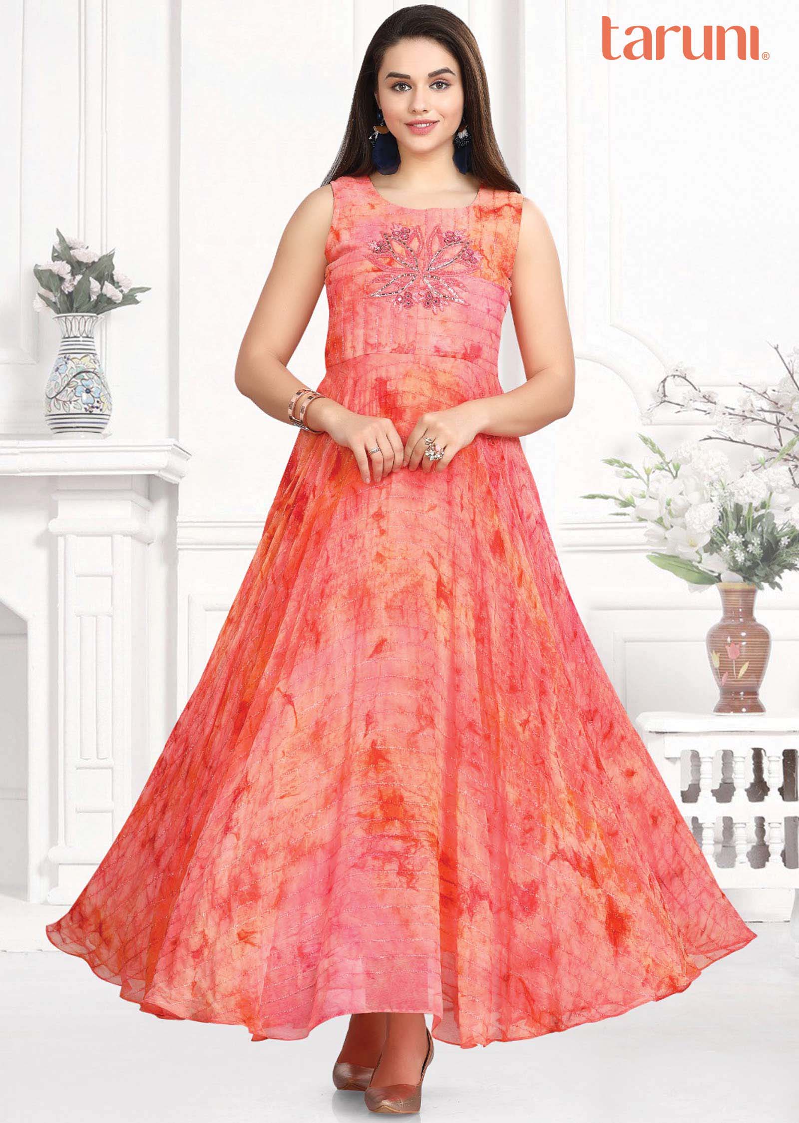 Dark Pink Georgette Embroidered Long Dress