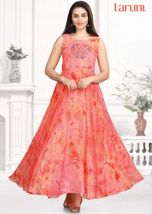 Dark Pink Georgette Embroidered Long Dress