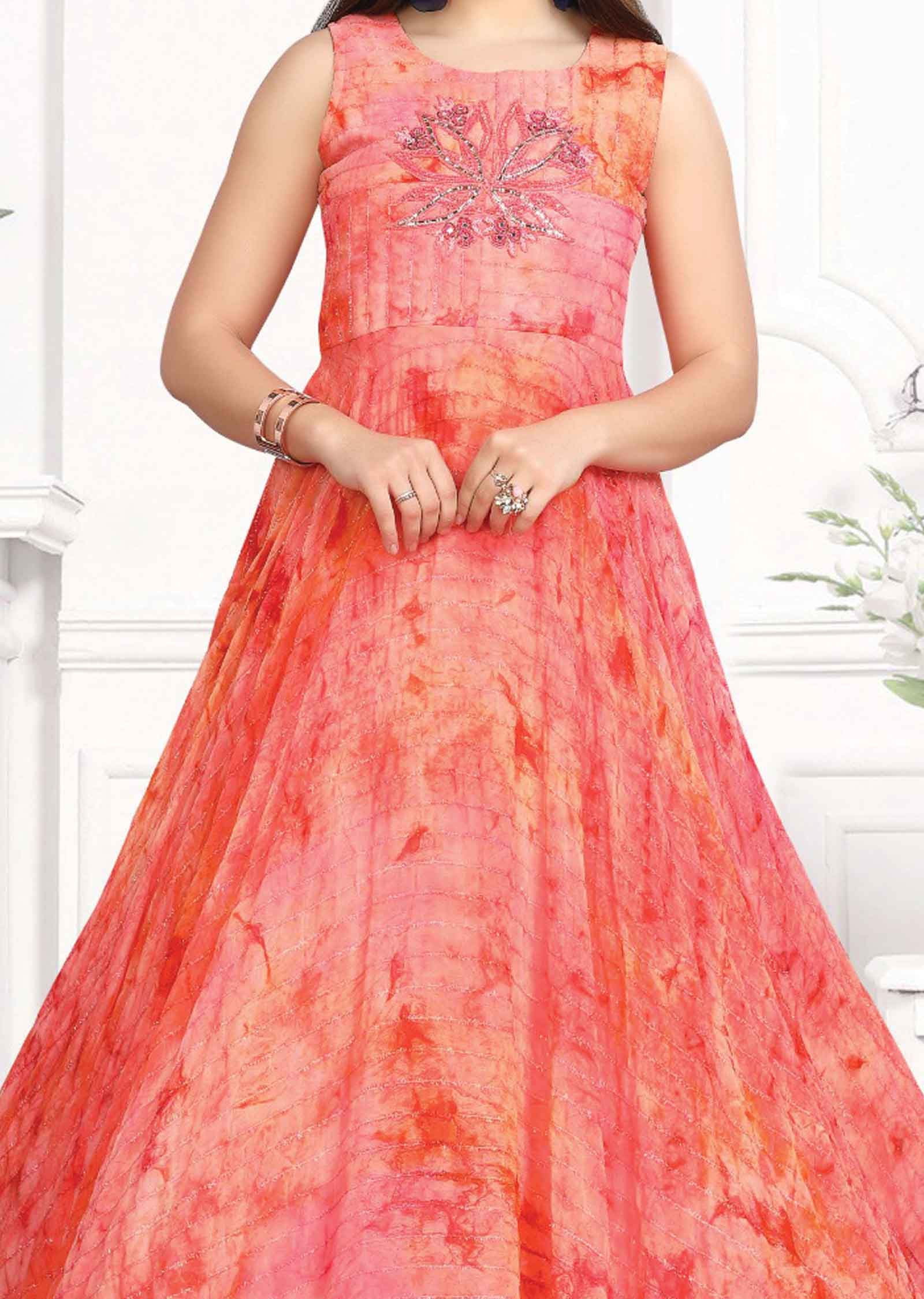 Dark Pink Georgette Embroidered Long Dress