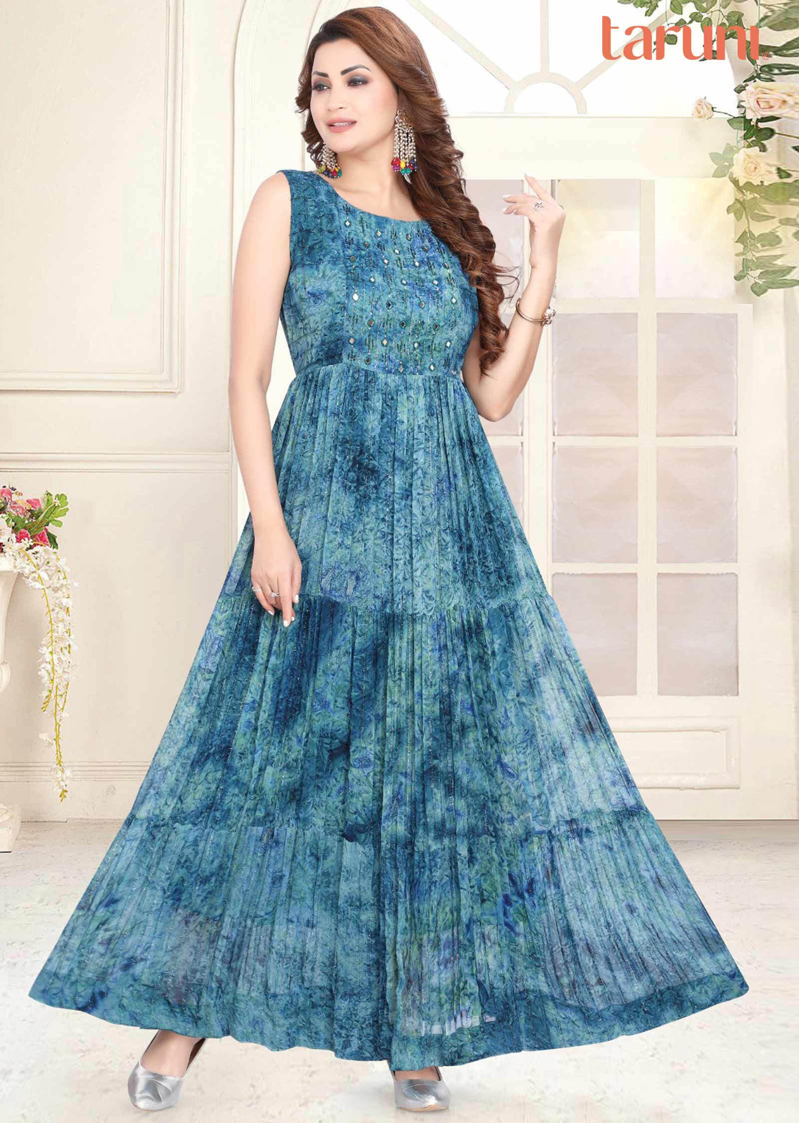 Rama Blue Georgette Printed Long Dress