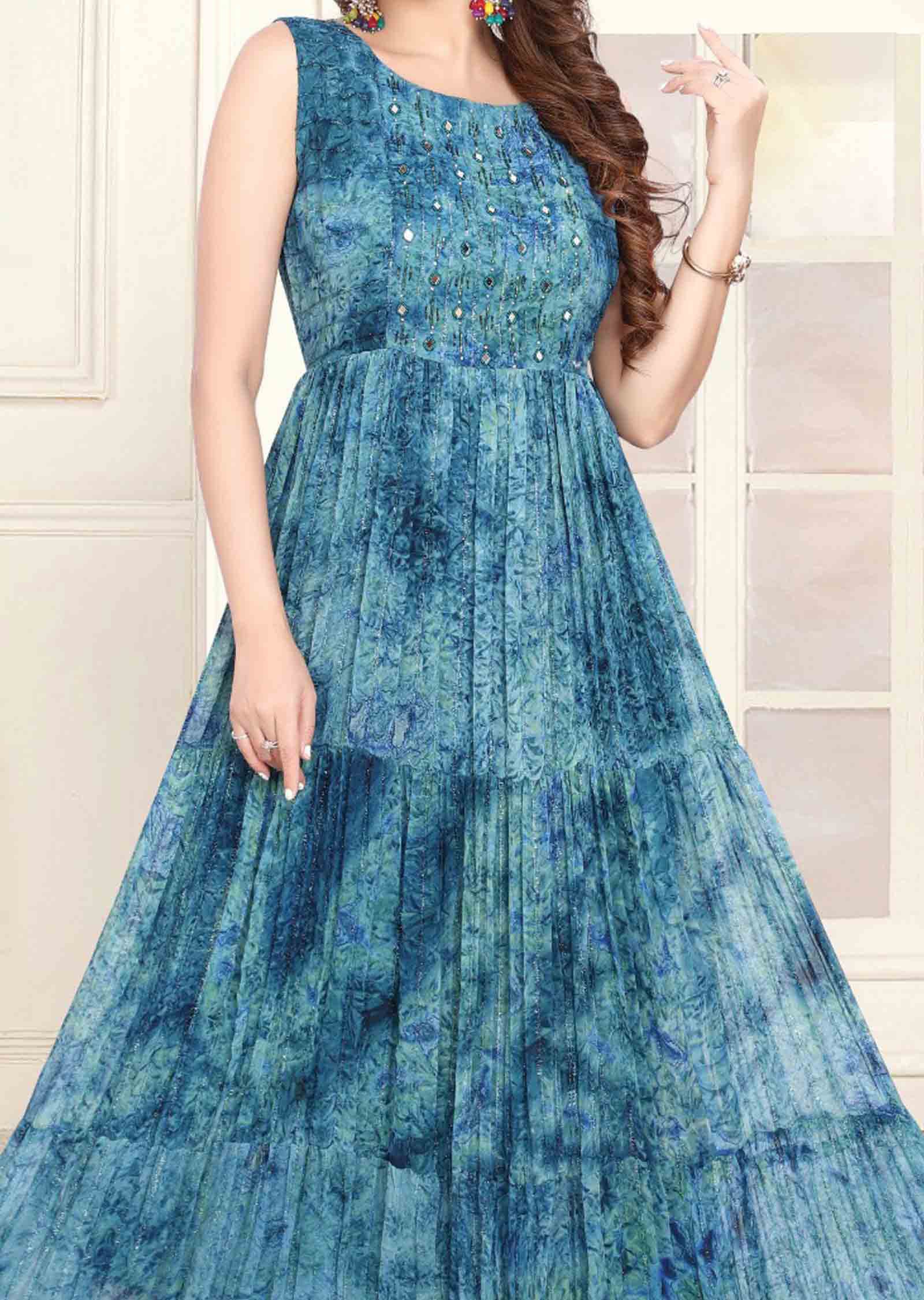 Rama Blue Georgette Printed Long Dress