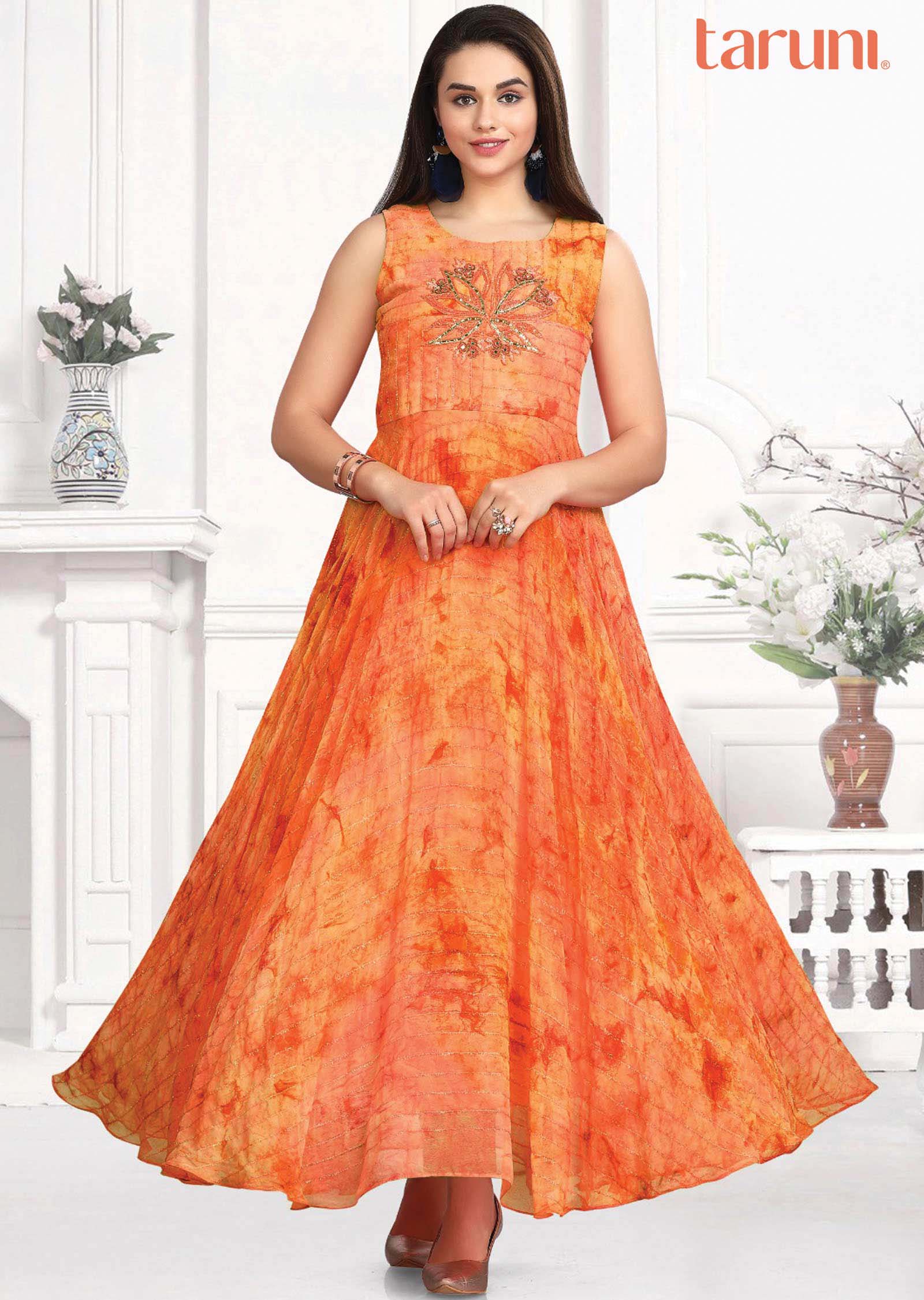 Orange Georgette Embroidered Long Dress