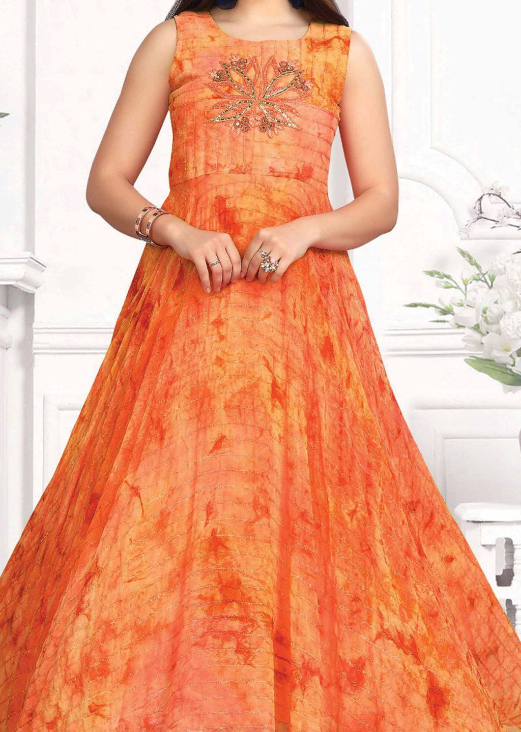 Orange Georgette Embroidered Long Dress