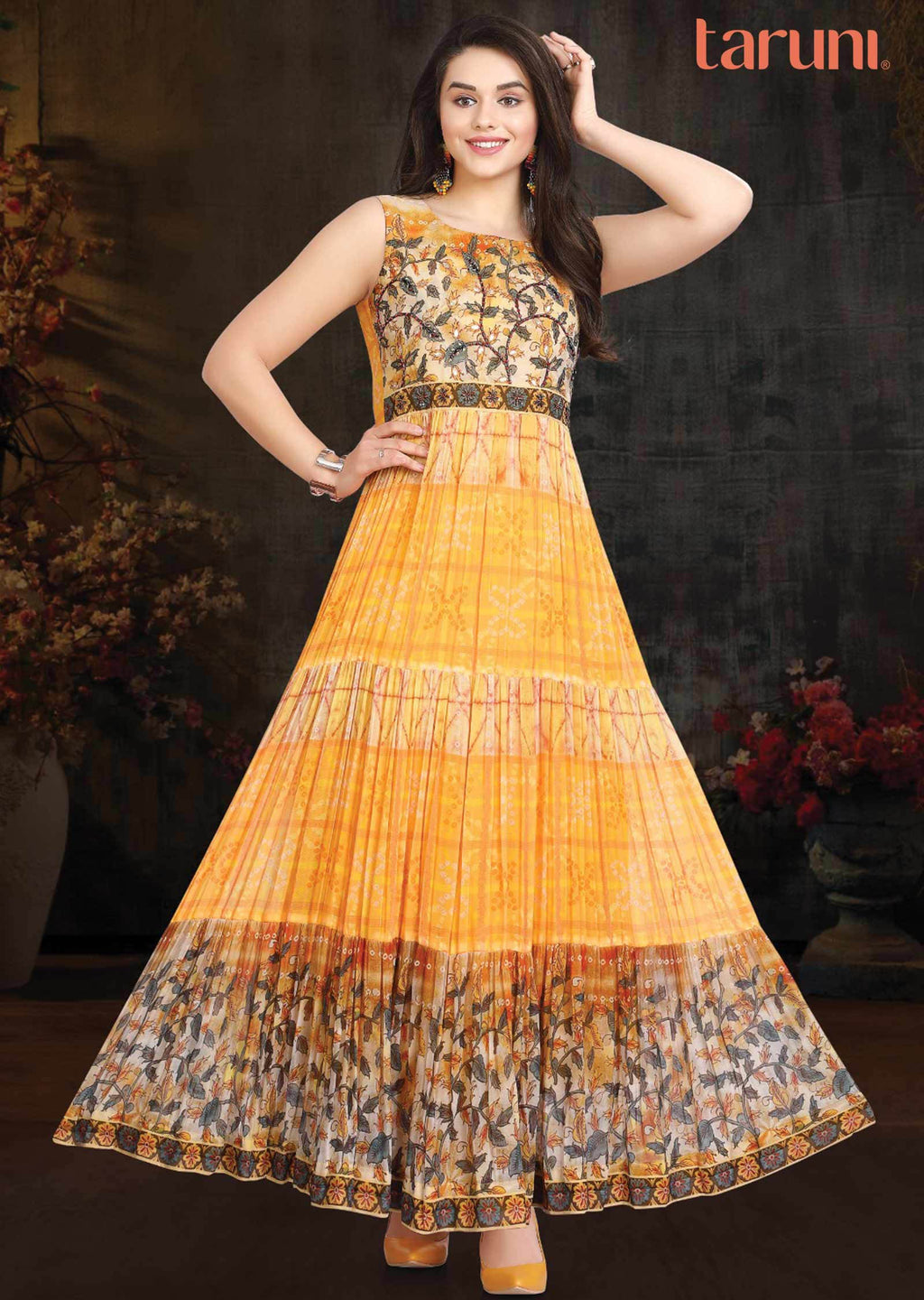 Yellow Georgette Embroidered Long Dress