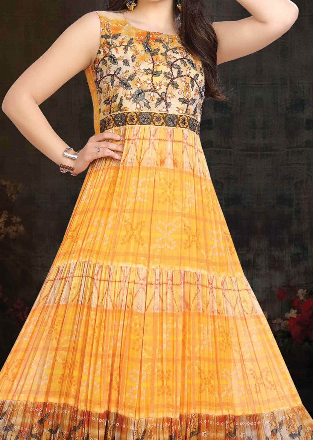 Yellow Georgette Embroidered Long Dress