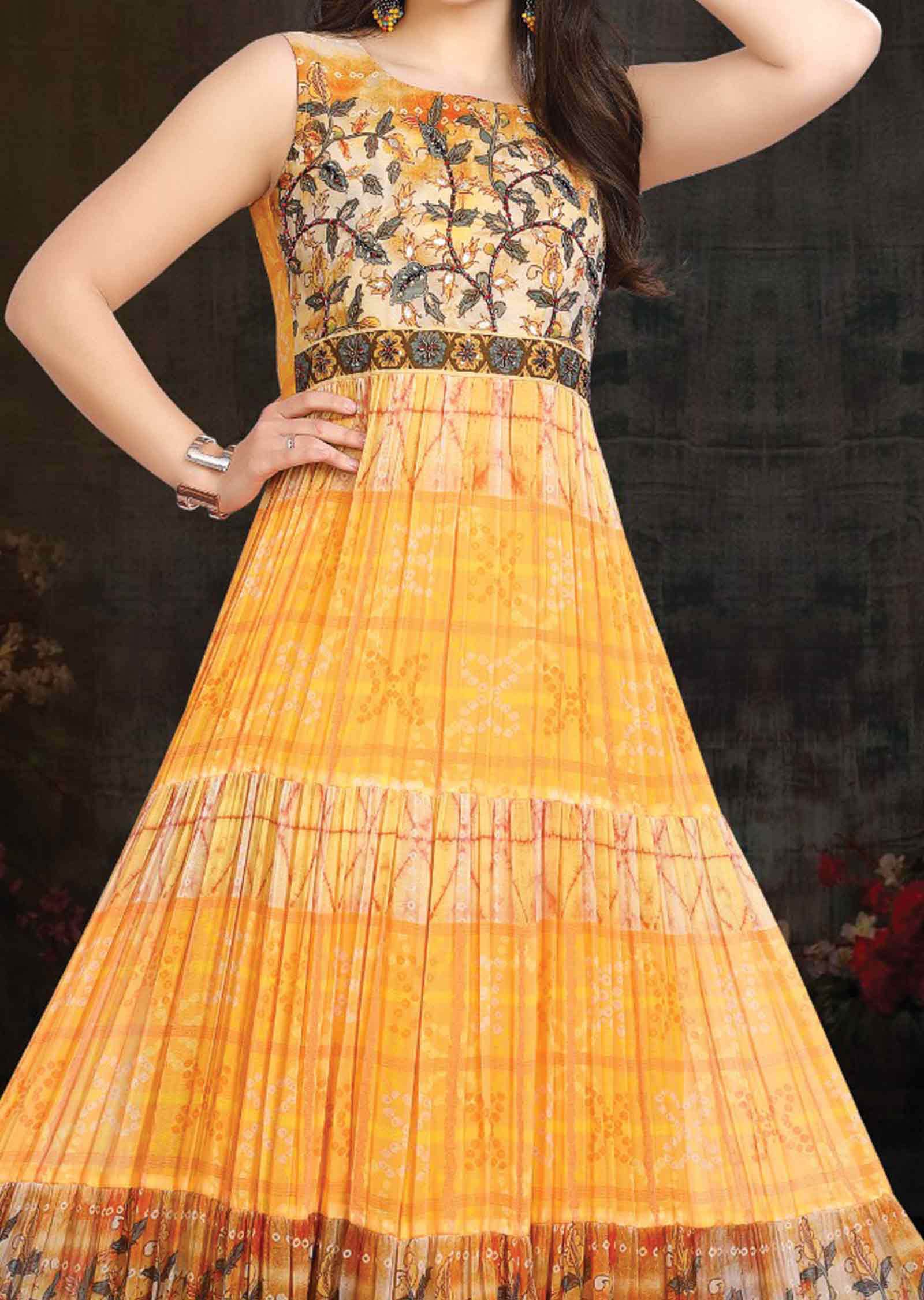Yellow Georgette Embroidered Long Dress