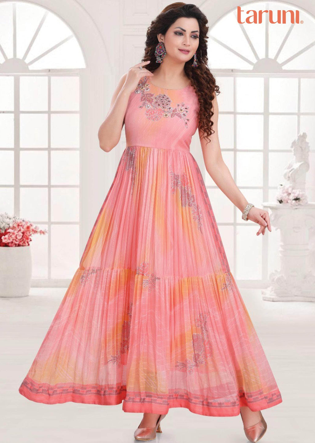 Peach/Pink Georgette Embroidered Long Dress