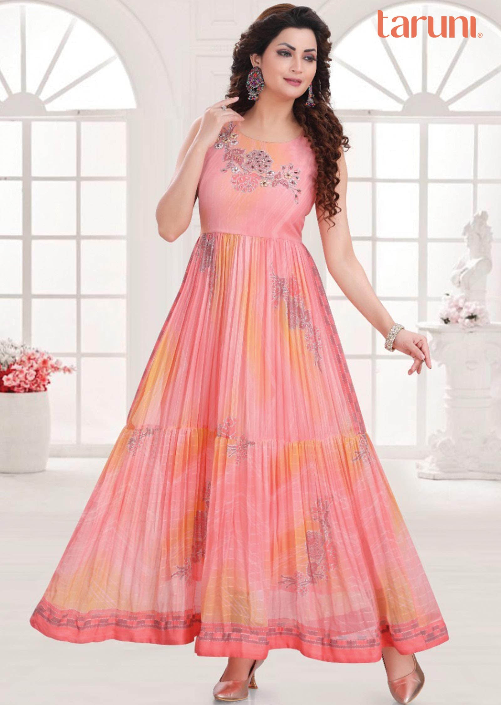 Peach/Pink Georgette Embroidered Long Dress