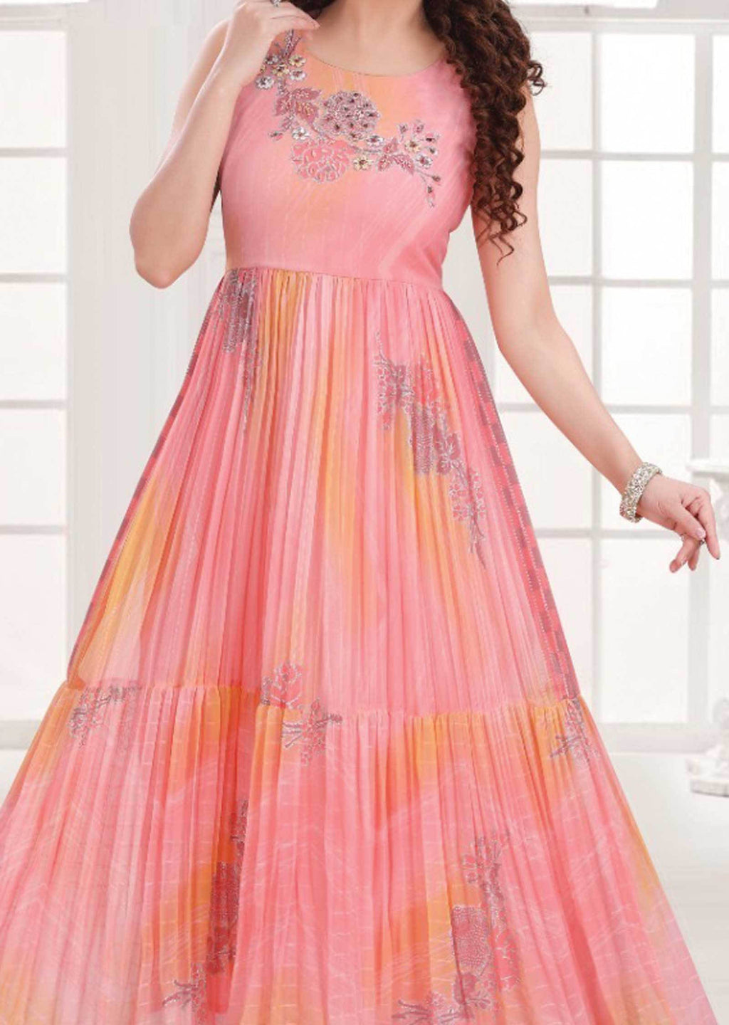 Peach/Pink Georgette Embroidered Long Dress