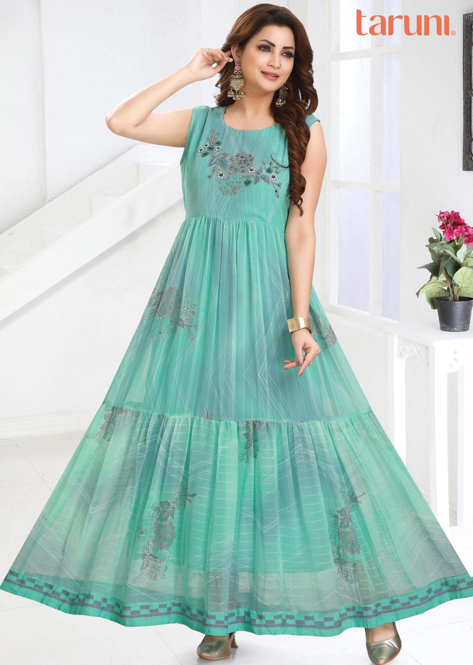 Sea Green/Grey Georgette Embroidered Long Dress