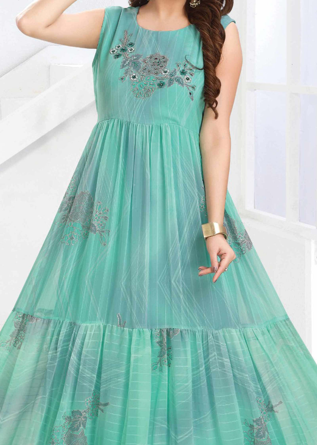 Sea Green/Grey Georgette Embroidered Long Dress