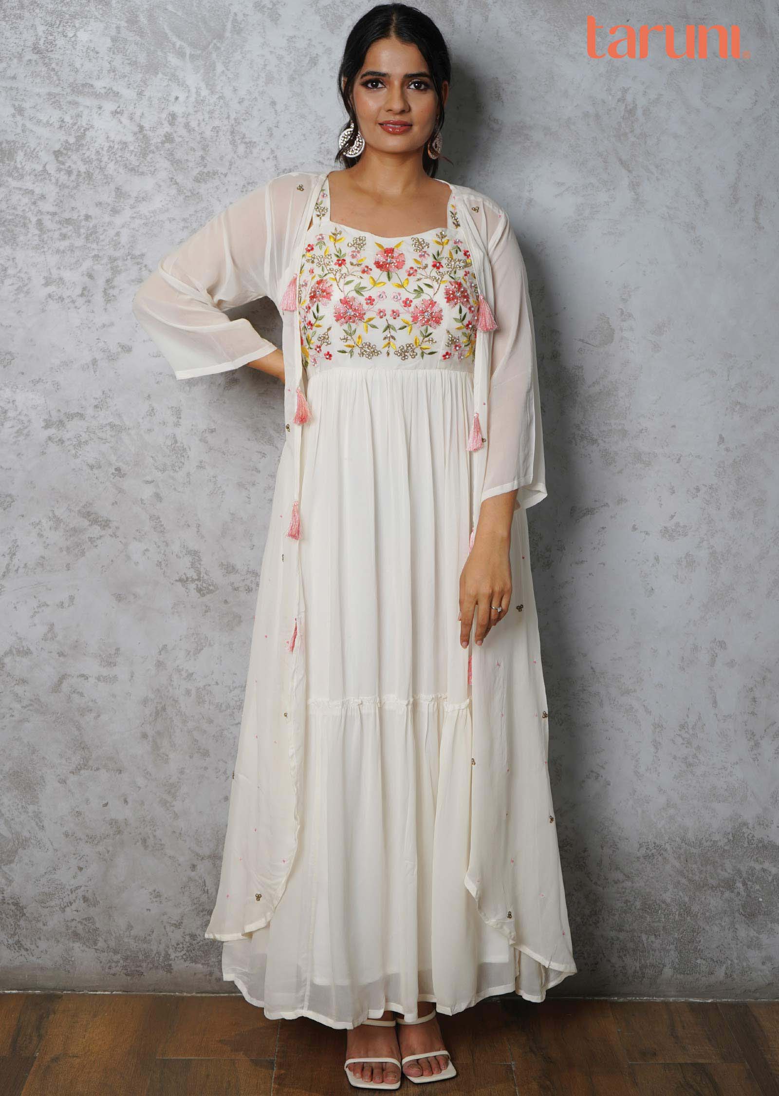 Cream Georgette Embroidered Long Dress