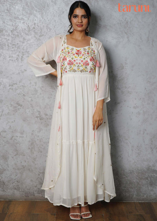Cream Georgette Embroidered Long Dress