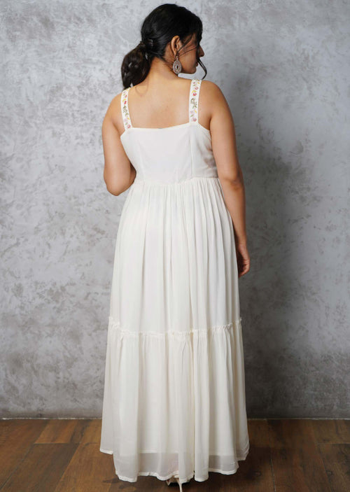 Cream Georgette Embroidered Long Dress