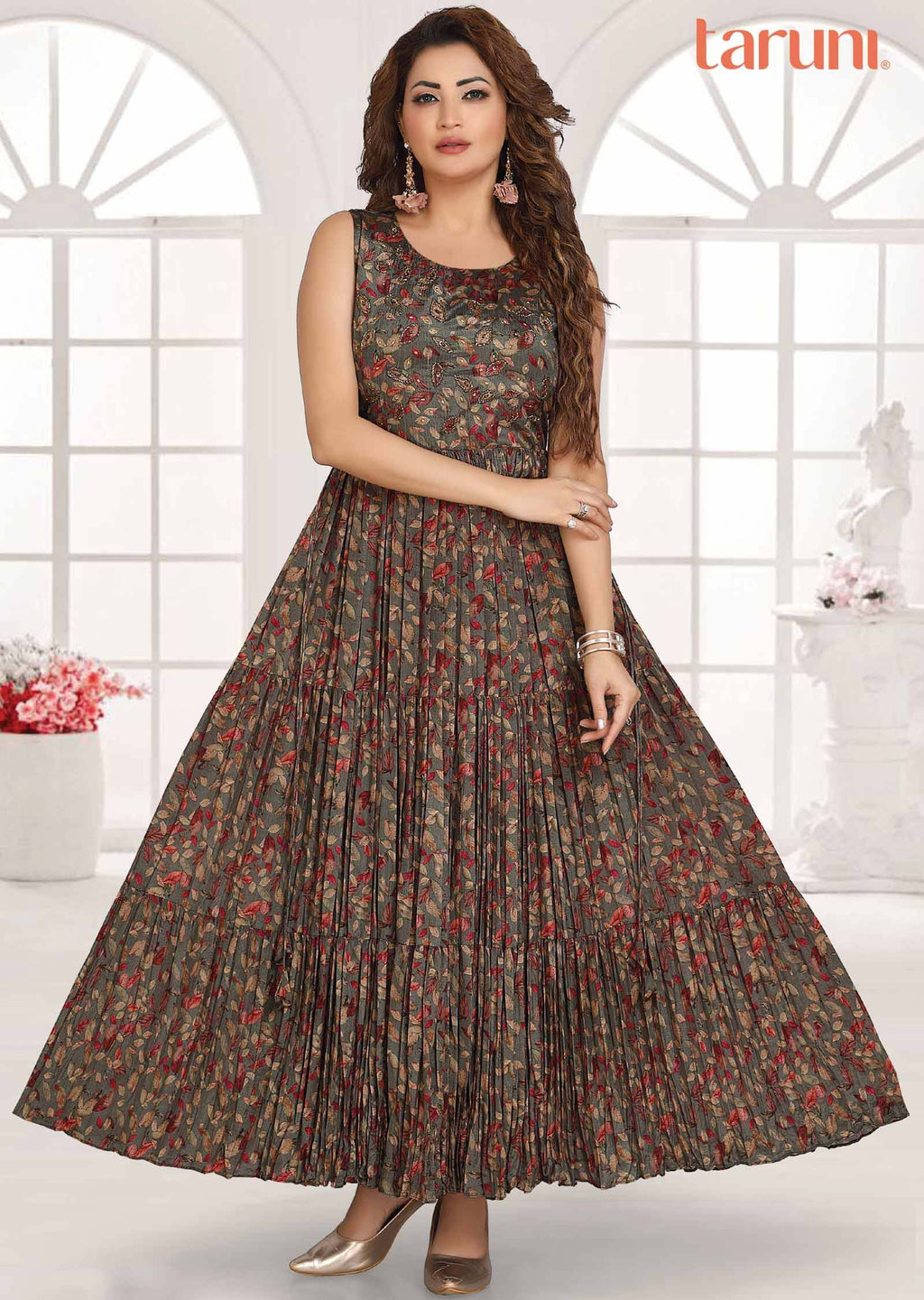 Olive Green Chinnon Printed Long Dress