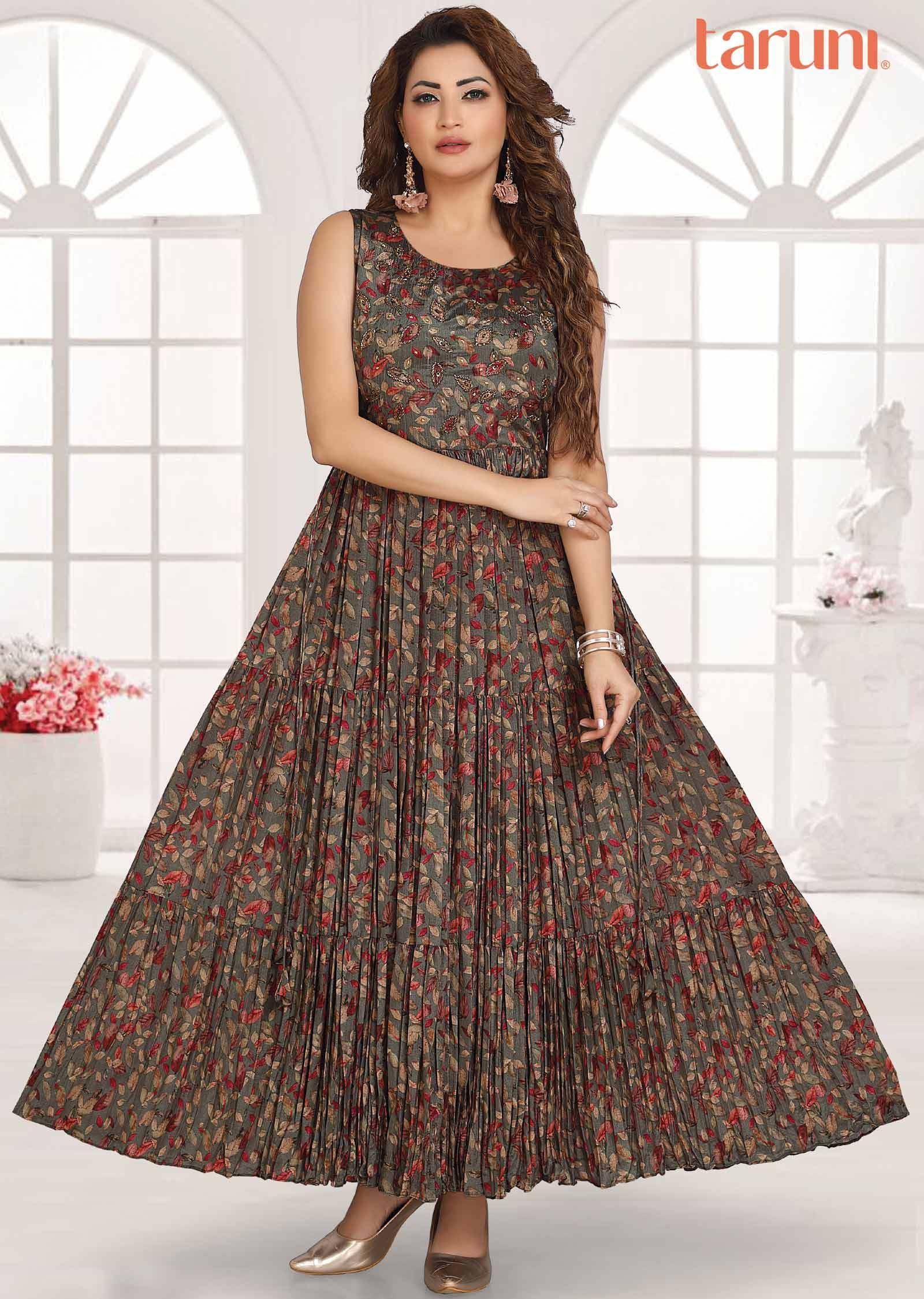 Olive Green Chinnon Printed Long Dress