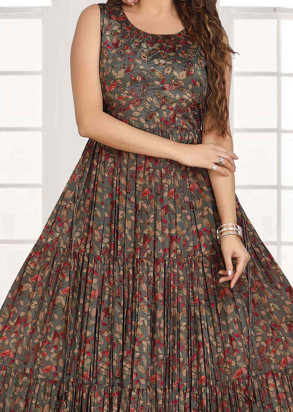 Olive Green Chinnon Printed Long Dress