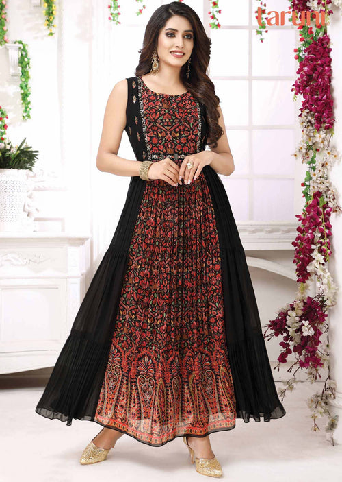 Black & Multicolor Georgette Embroidered Long Dress