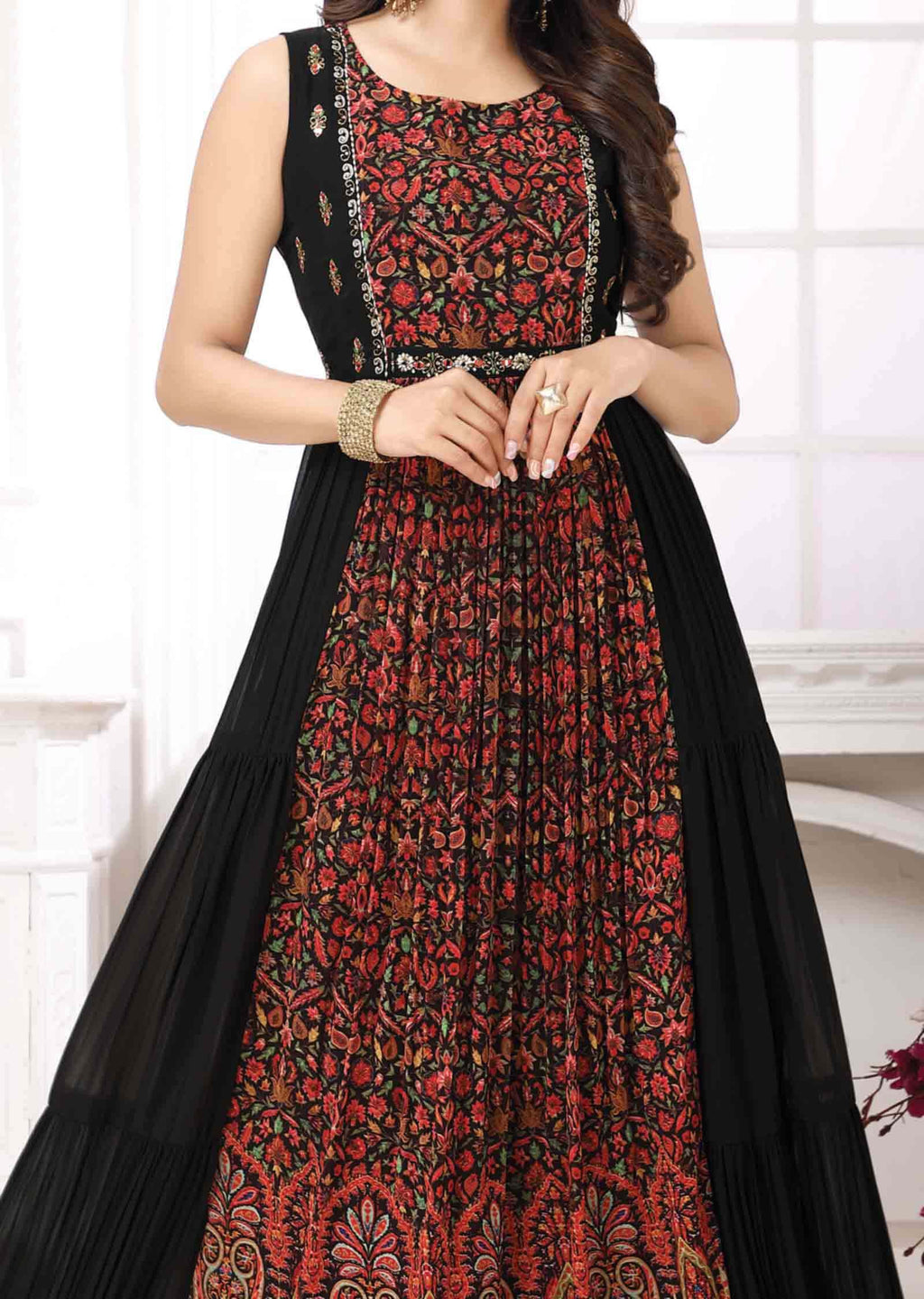 Black & Multicolor Georgette Embroidered Long Dress