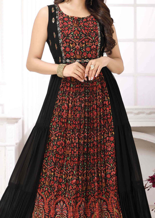 Black & Multicolor Georgette Embroidered Long Dress