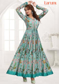 Sea Green & Pink Chinnon Embroidered Long Dress