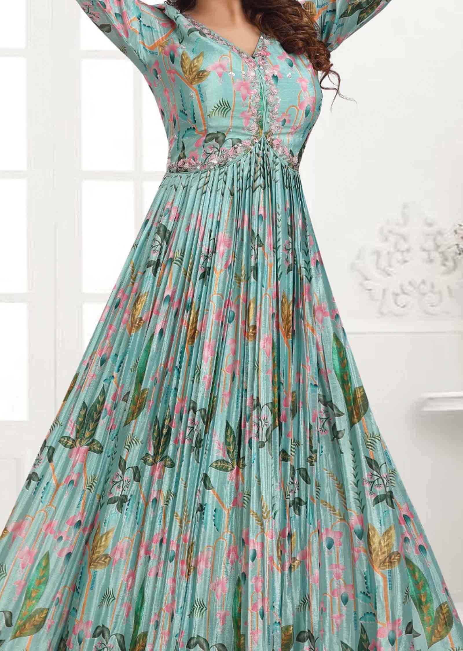 Sea Green & Pink Chinnon Embroidered Long Dress