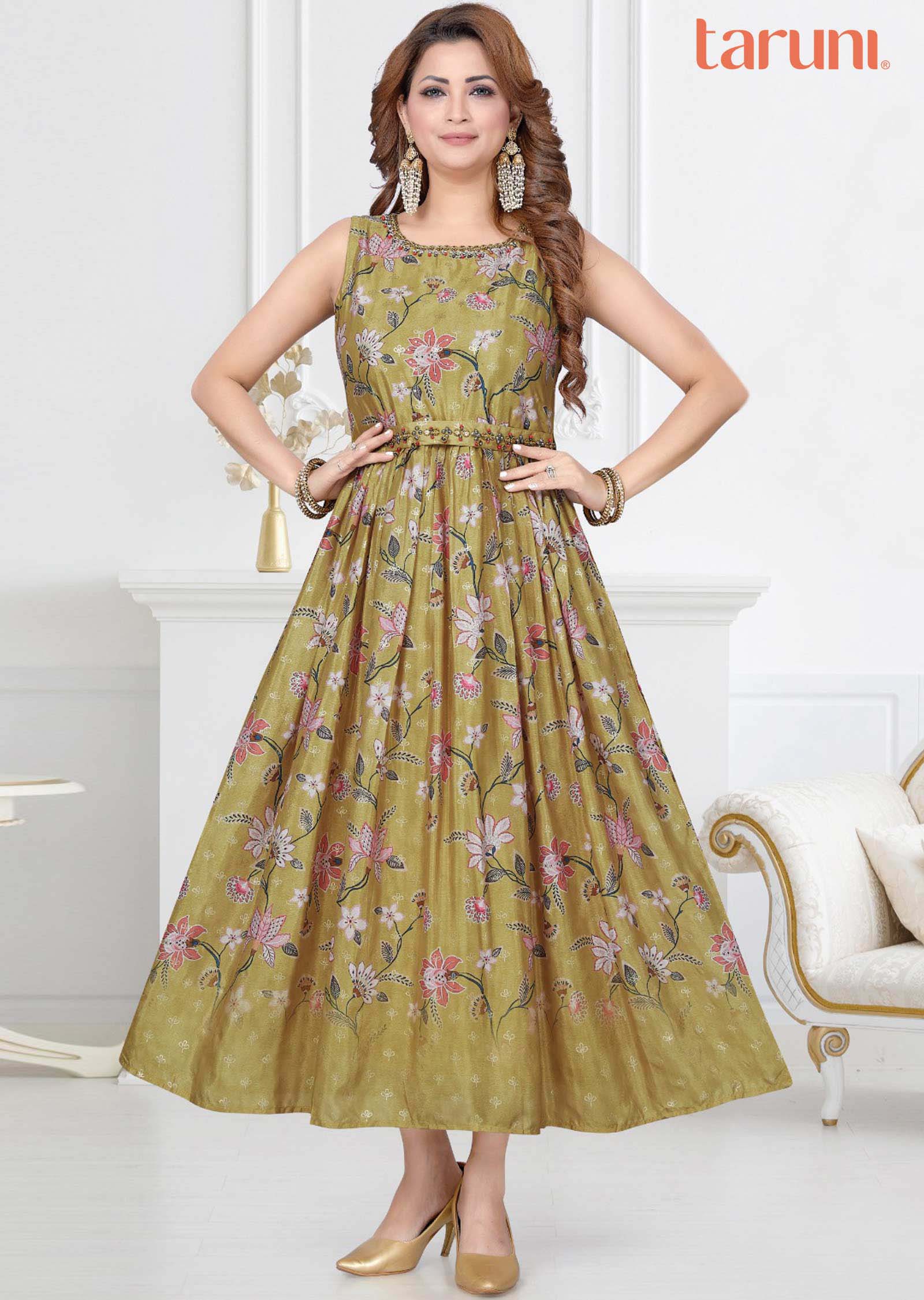 Mustard Chinnon Printed Long Dress
