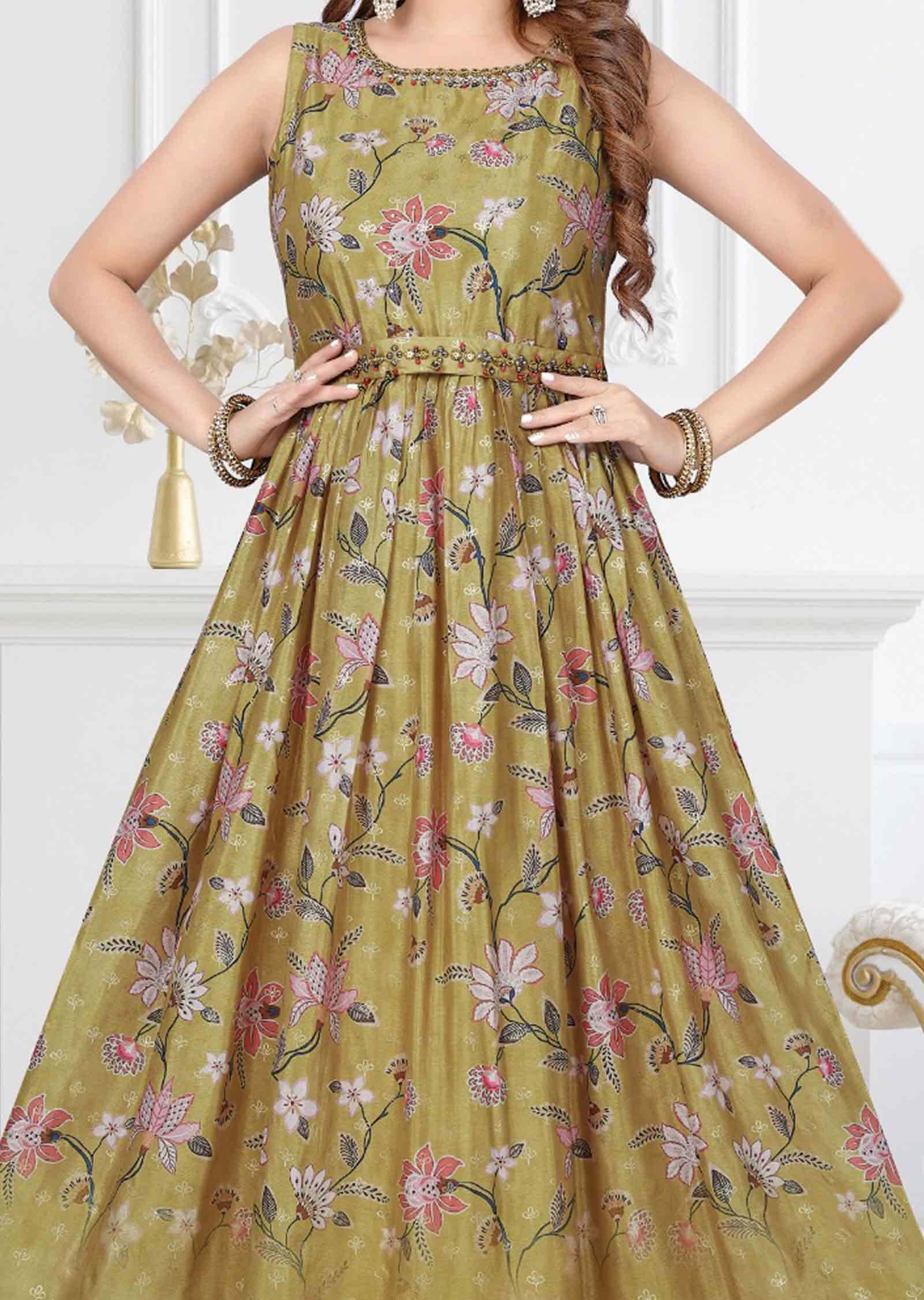 Mustard Chinnon Printed Long Dress