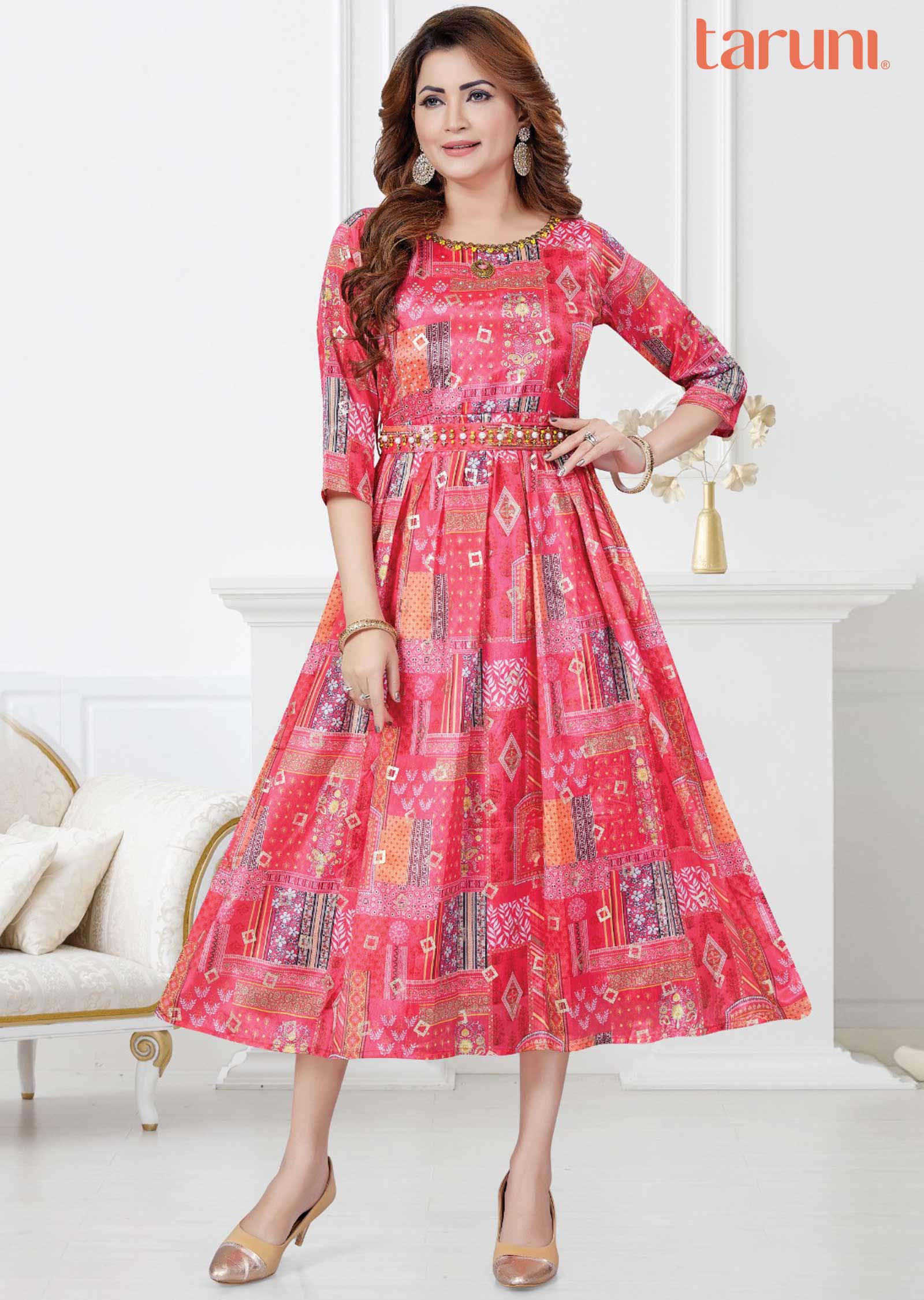 Pink Chinnon Printed Long Dress
